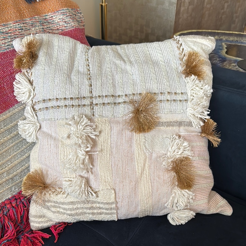 Anthropologie Cream and Tan Bohemian Pillow with Fringe - Picture 2 of 6